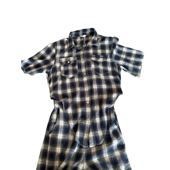 POL Plaid Tie-Front Jumpsuit Button Up Navy‎ White Womans Size Small - Picture 6 of 8